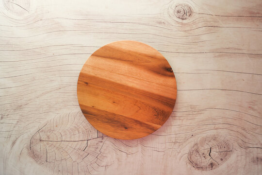 Wooden Chopping Board On Table Top Down 