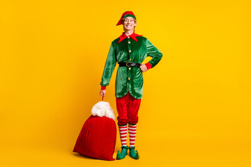 Full length body size view of his he nice attractive cheerful cheery funny guy elf holding in hand sack gifts delivery festal fairy isolated over bright vivid shine vibrant yellow color background - obrazy, fototapety, plakaty