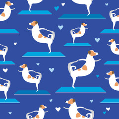 Dog yoga seamless background as wallpaper, texture for printing on fabric, textile, flat vector stock illustration with jack russell terrier for kids