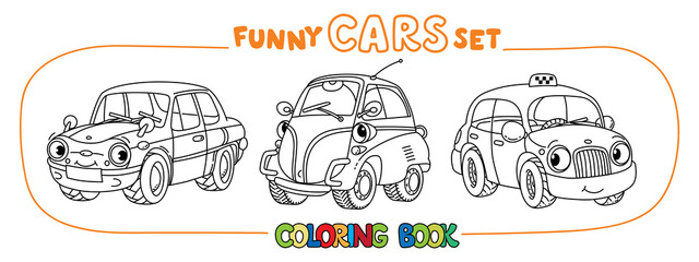 Funny small retro cars with eyes coloring book set