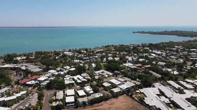 Aerial Rotating drone shot of Fannie bay and water front in Darwin, Northern Territory