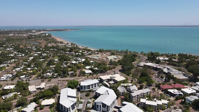Moving Aerial drone shot of Fannie bay and beach in Darwin, Northern Territory