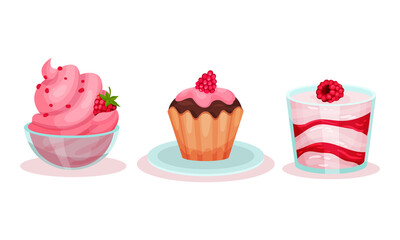 Raspberry Dessert with Ice Cream in Bowl and Muffin Vector Set