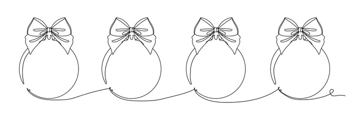 Christmas balls with ribbon - one line drawing. Vector illustration continuous line drawing.