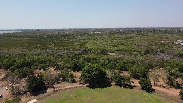 Aerial Drone shot of Football oval in Fannie bay in Darwin, Northern Territory