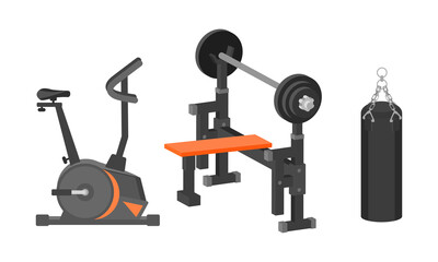 Sport Equipment with Punching Bag and Cycle Ergometer Vector Set