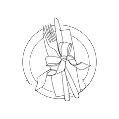 Table setting for holiday dinner - one line drawing. Vector illustration continuous line drawing.Christmas table setting.