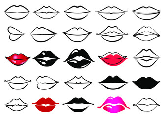 Vector Lips collection. Set of lips logo, symbol, sign isolated on white background. Black outline illustration, line art. Flat design shapes, elements.