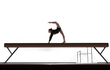 Female gymnast doing a complicated trick isolated on white.