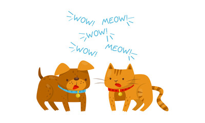 Dog and Cat with Collar Arguing with Each Other Vector Illustration