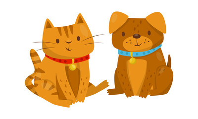 Dog and Cat with Collar Sitting Together Vector Illustration