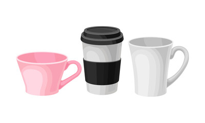 Ceramic Cups with Handle and Coffee Paper Cup for Drinking Vector Set