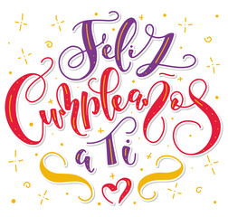 Happy birthday to you, spanish colored lettering isolated on white background. Vector illustration for posters, photo overlays, greeting card and social media. Feliz cumpleaños a ti