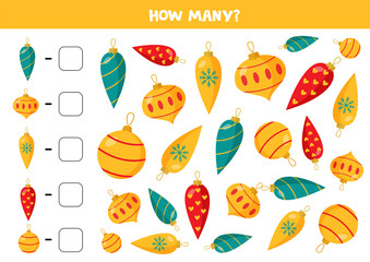 Counting game for kids. Set of colorful Christmas balls.