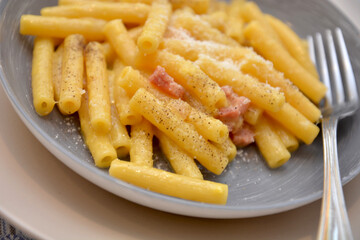pasta rigatoni alla carbonara tradizionale piatto italiano con uova pancetta e formaggio pecorino