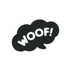 Woof! white text in a dark black speech bubble balloon. Cartoon comics dog bark sound effect and lettering. Simple flat vector illustration silhouette on white background.