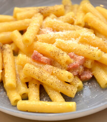 pasta rigatoni alla carbonara tradizionale piatto italiano con uova pancetta e formaggio pecorino