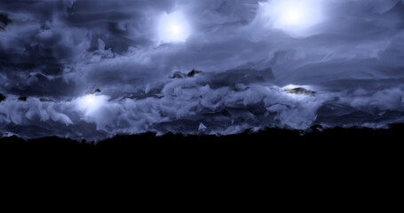 3d rendering. Dark, dense storm clouds with flashes of lightning on a black background. Graphic illustration.