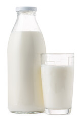 Glass bottle and cup of fresh milk isolated