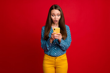 Portrait of attractive focused worried girl using gadget web service fake news feedback isolated bright red color background