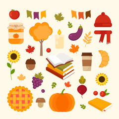 This is autumn set with pumpkin, sunflower, jar jam, leaf, mushrooms, acorn, book, coffee, candle isolated on a light background.