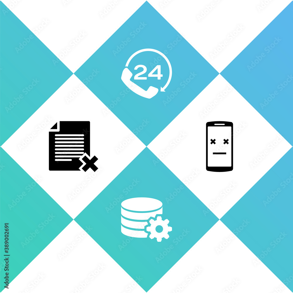 Poster set delete file document, setting database server, telephone 24 hours support and dead mobile icon. 