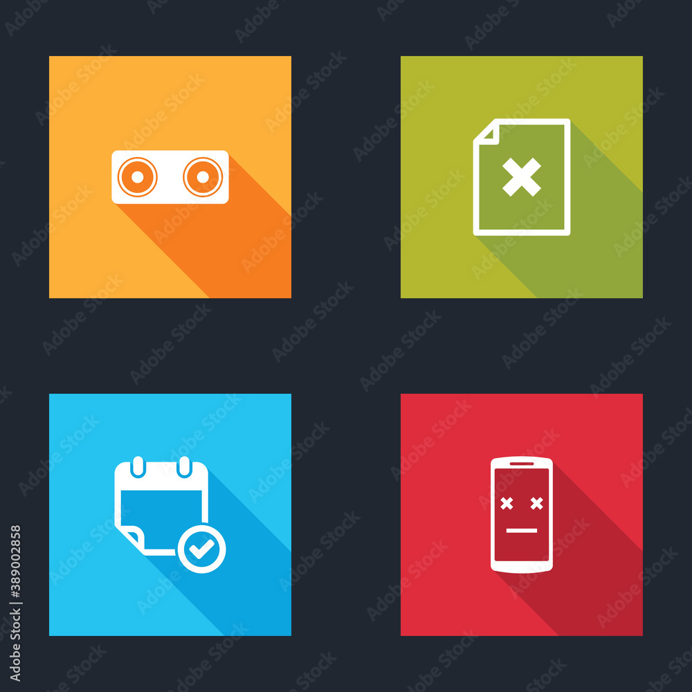 Poster set stereo speaker, delete file document, calendar with check mark and dead mobile icon. vector.