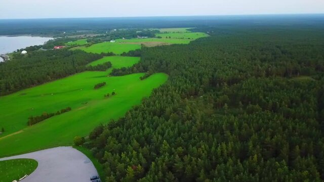 Drone moving over the water shore in Saare County, panga pank before sunset.