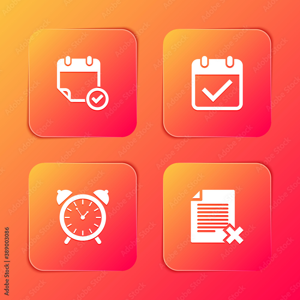 Poster set calendar with check mark, , alarm clock and delete file document icon. vector.