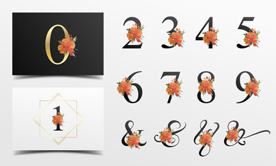 Beautiful alphabet number collection with watercolor floral decoration