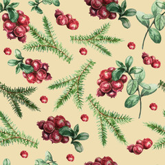 Lingonberry berries. Hand-drawn watercolor pattern. Bright beautiful print, textile, background. forest. Cotton, snowberry, spruce, pine, branches and cones. Seamless pattern Winter holidays