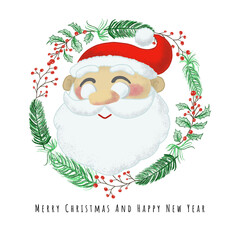 Merry Christmas and Happy New Year Card design with Santa clause in Christmas wreath vector illustration
