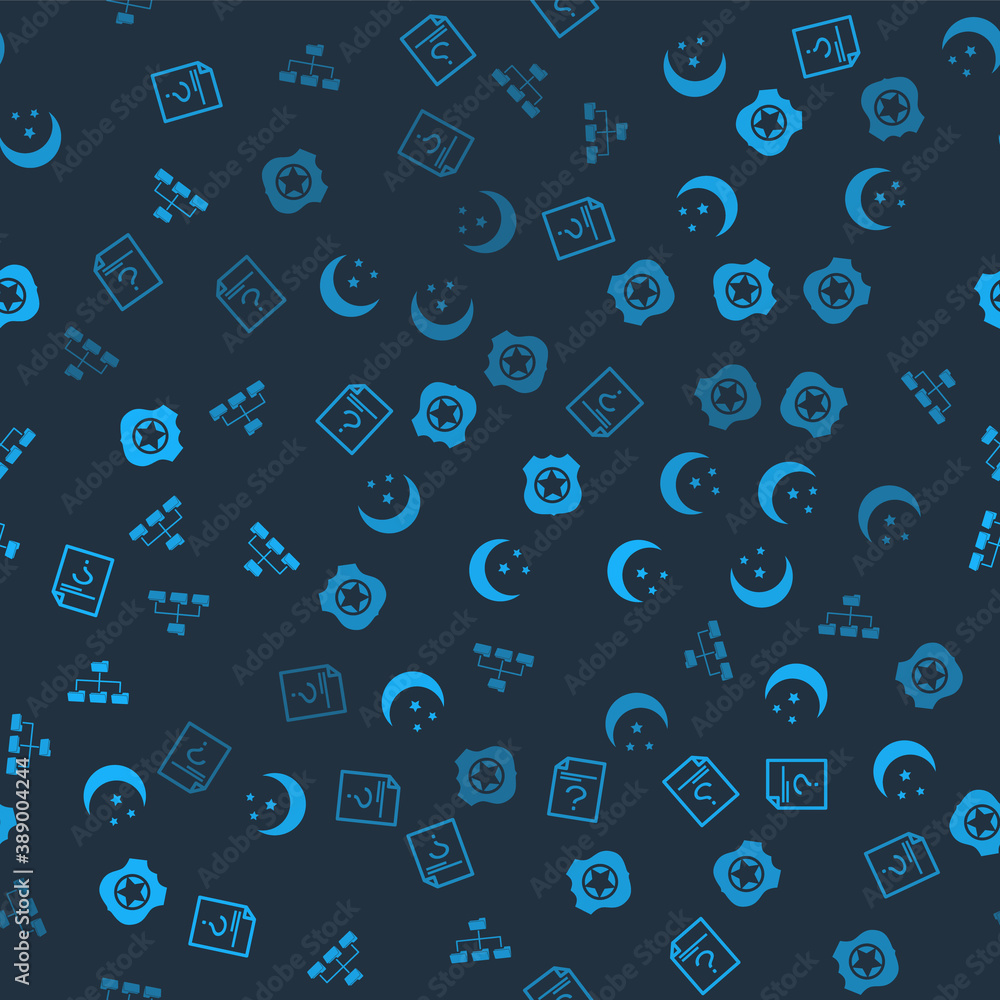 Poster set unknown document, moon and stars, police badge and folder tree on seamless pattern. vector.