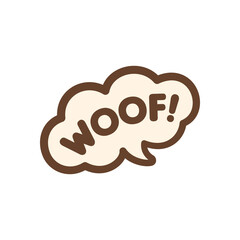 Woof! text in a speech bubble balloon. Cartoon comics dog bark sound effect and lettering. Simple flat vector illustration design on white background.