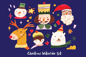 Christmas Watercolor Set Cute Animal and People