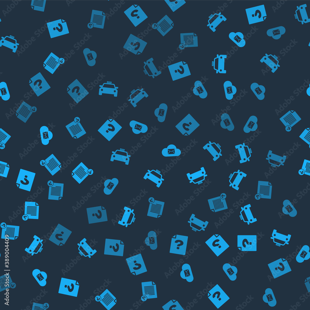 Aufkleber set unknown document, taxi car, cloud mail server and on seamless pattern. vector.