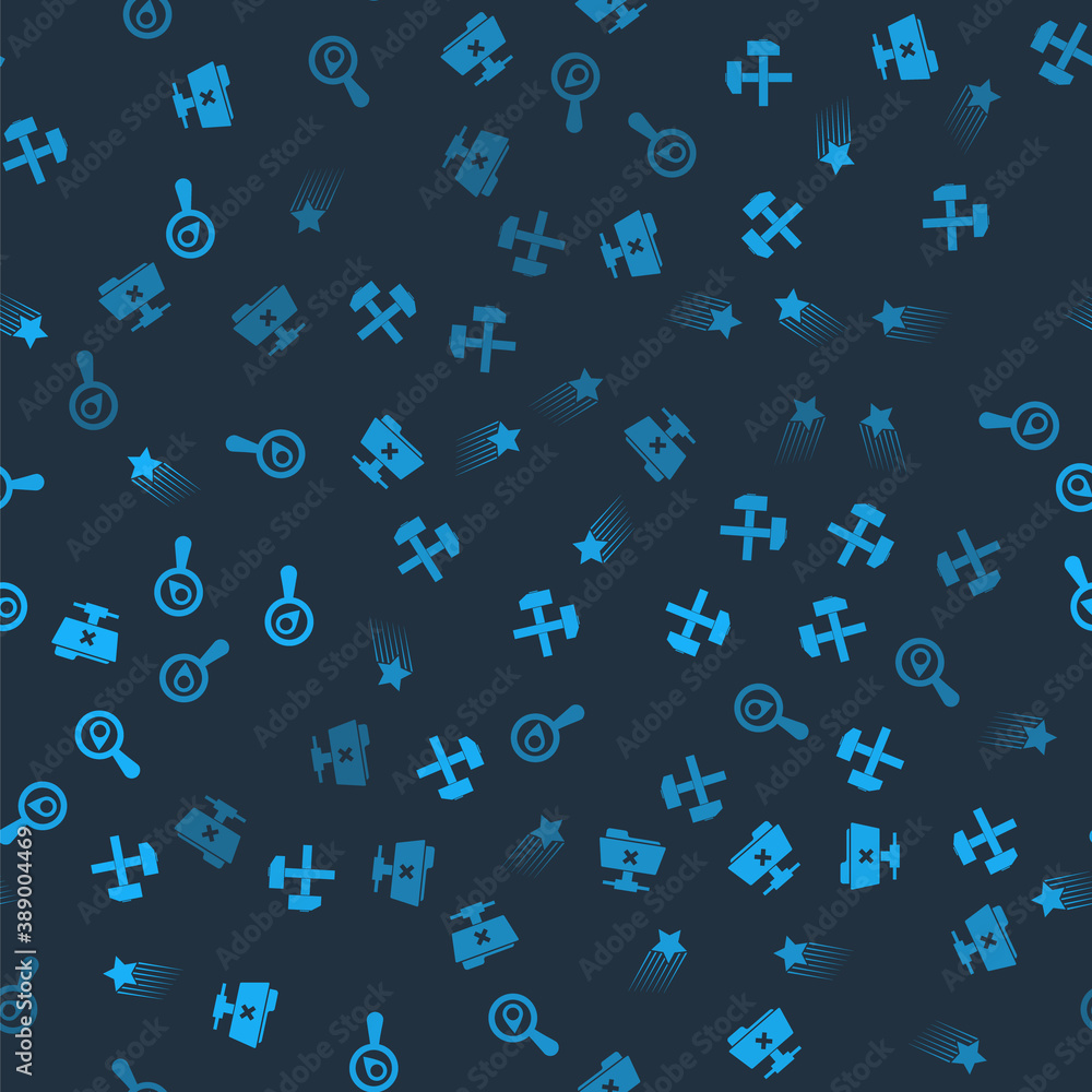 Poster set ftp cancel operation, two crossed hammers, falling star and search location on seamless pattern.