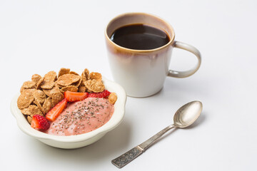 Wholegrain flakes and strawberry and  banana smoothie and black coffee