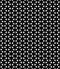 Seamless surface pattern design with ancient oriental ornament. Mini triangular figures. Repeated white triangles on black background. Ethnic embroidery motif. Ornamental wallpaper. Small polygons.