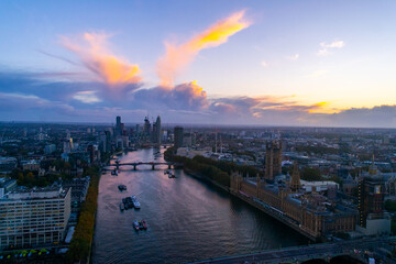 London city river Thames, houses of parliament and big ben viewed from London eye near Westminster...
