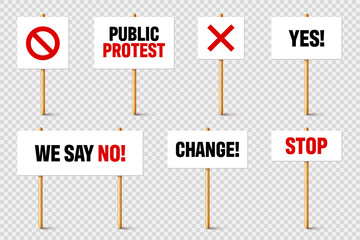 Protest signs with slogan on wooden holder. Realistic vector demonstration banner. Strike action cardboard placard mockup.