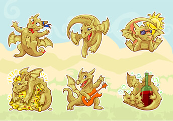 cute golden dragon stickers set, emotions and activities