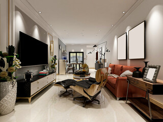 There are cloth sofa and table in the clean living room