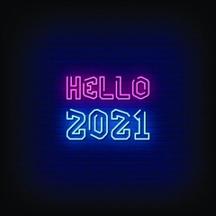 Hello 2021 Neon Signs Style Text Vector