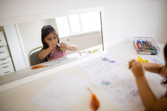 Mirror reflecting a little girl coloring different types of leaves with a pen
