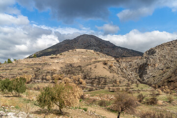 Imposing ruins of Mycenae, an archaeological site near Mykines in Argolis, north-eastern Peloponnese, Greece.