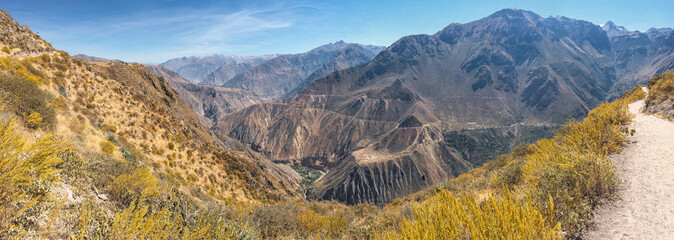 Panoramic view of Peruvian mountains with clear skies