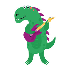 Obraz premium Funny dinosaur play the guitar in cartoon style isolated on a white background. Bright cute animal characters for kids. Vector illustration