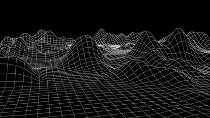 Technology wireframe landscape. Futuristic polygonal terrain background. Digital vector illustration. Retro design. © estar 2020