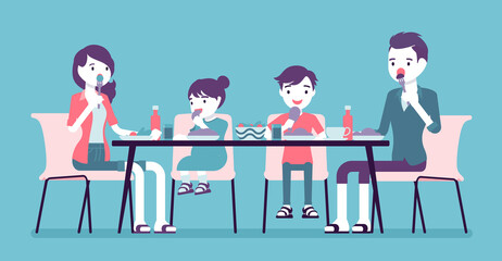 Happy family eating dinner at home table. Parents and kids gathering for food after work and study, sitting together to enjoy healthy tasty home-cooked meals. Vector creative stylized illustration